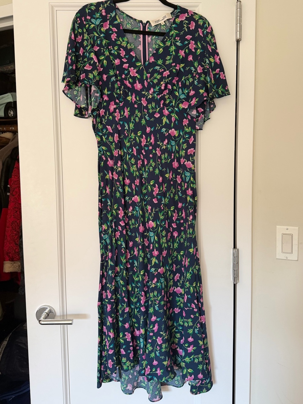 Diane Von Furstenberg Navy Floral Midi Dress with Pink and Green Accents Worn 1x - Picture 3 of 5
